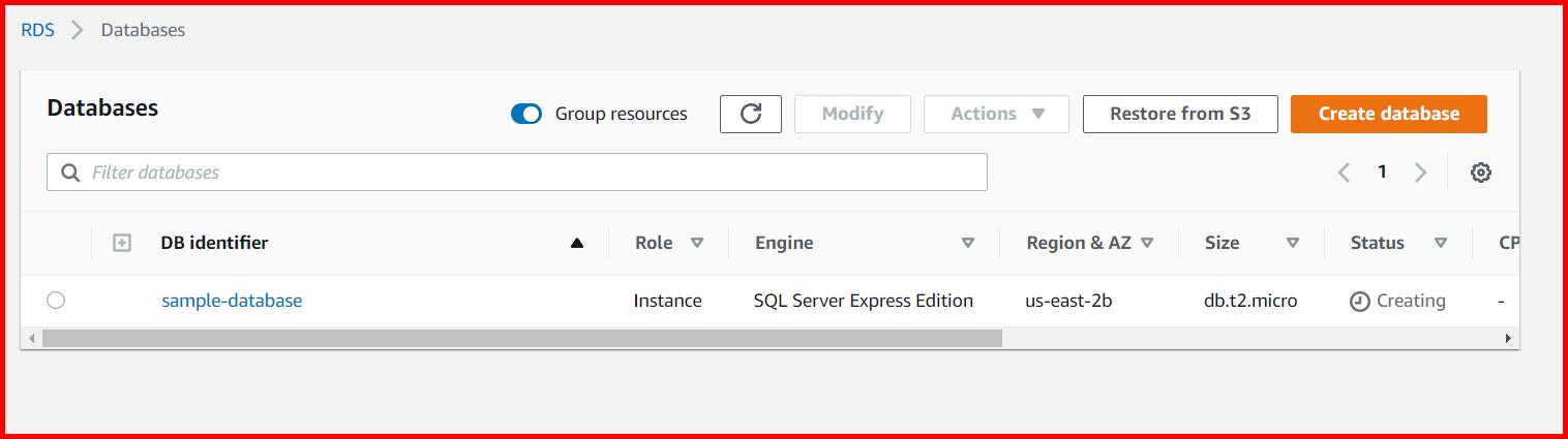 Picture showing the status of database as Creating